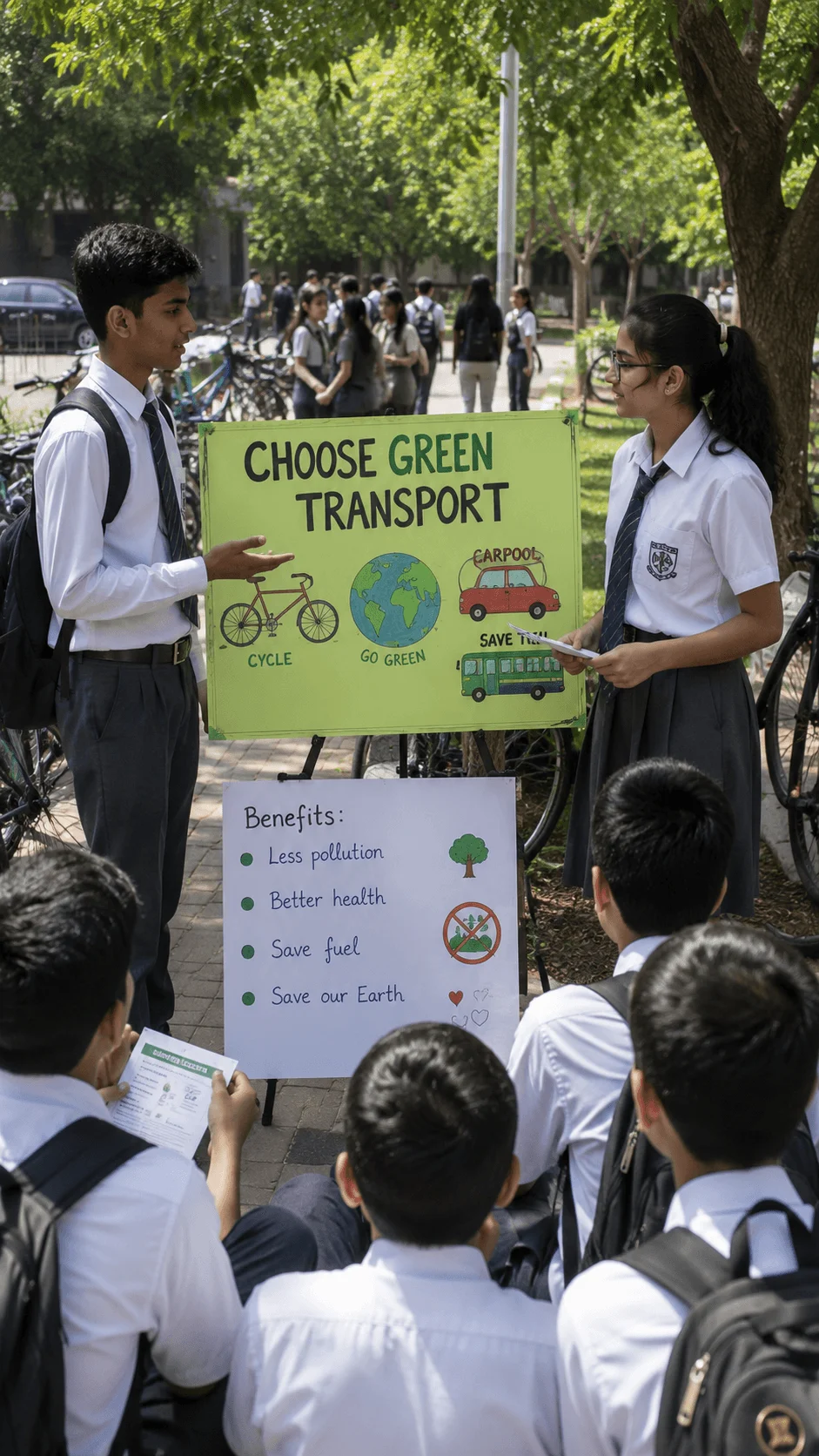 High school students presenting a green transport awareness campaign promoting cycling, carpooling, and public transportation to reduce pollution, save fuel, and protect the environment