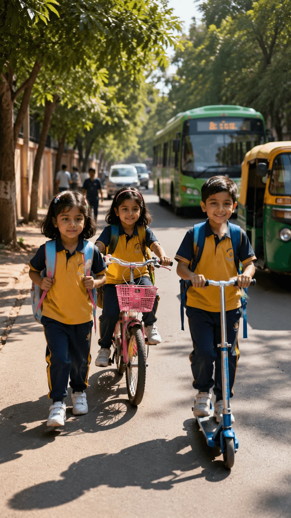 School children walking, cycling, and riding a scooter on a tree lined street during a green transport day promoting eco friendly travel habits.