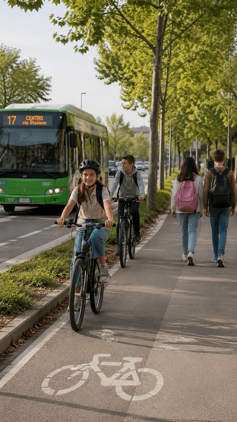 Students participating in a green transportation challenge by cycling walking and using public transit along a tree lined urban corridor to promote sustainable travel reduce emissions and encourage environmentally friendly commuting habits.
