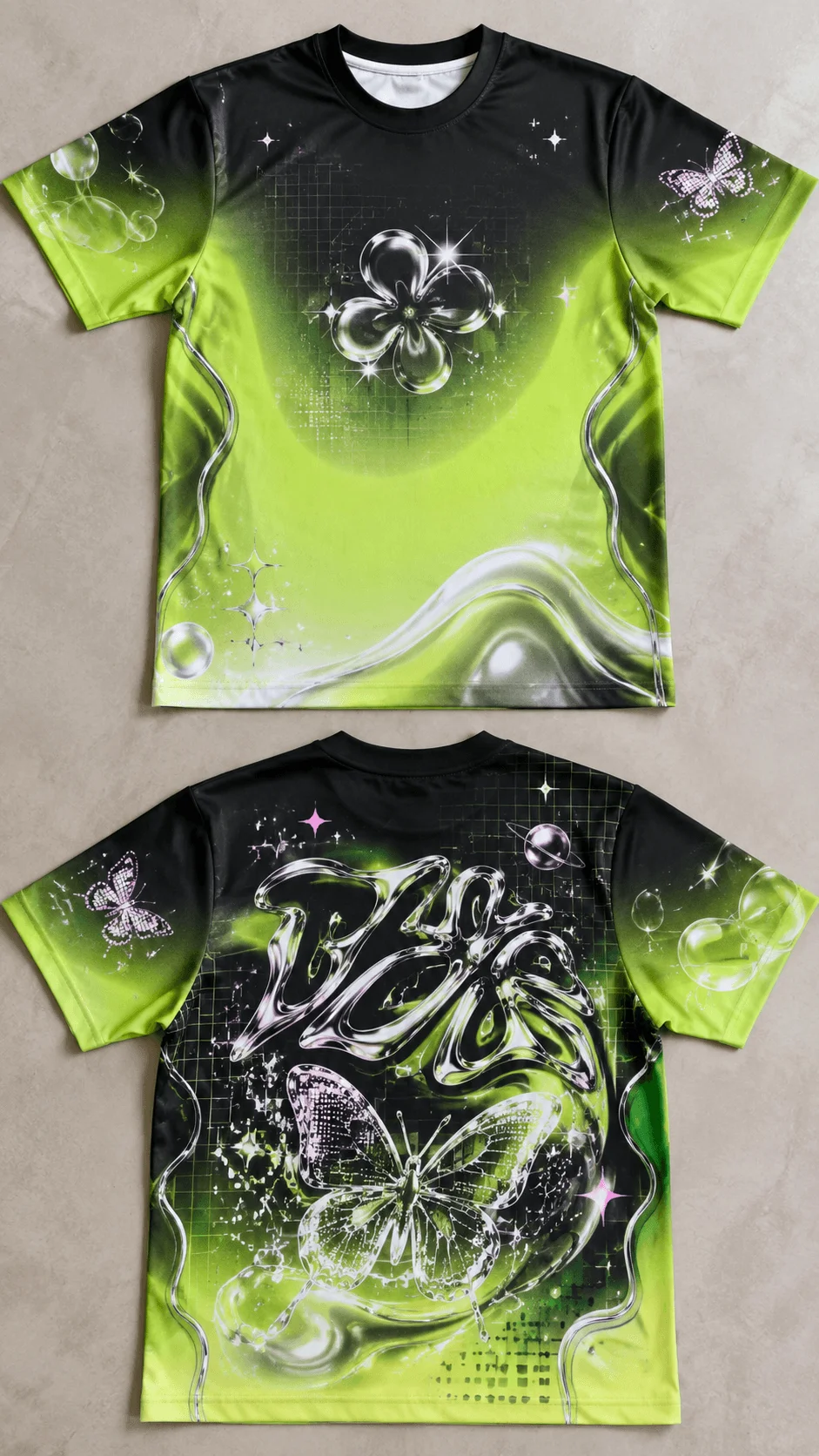 Green Y2K digital nature shirt design shown from the front and back with chrome flowers butterflies stars bubbles and lime green futuristic graphics