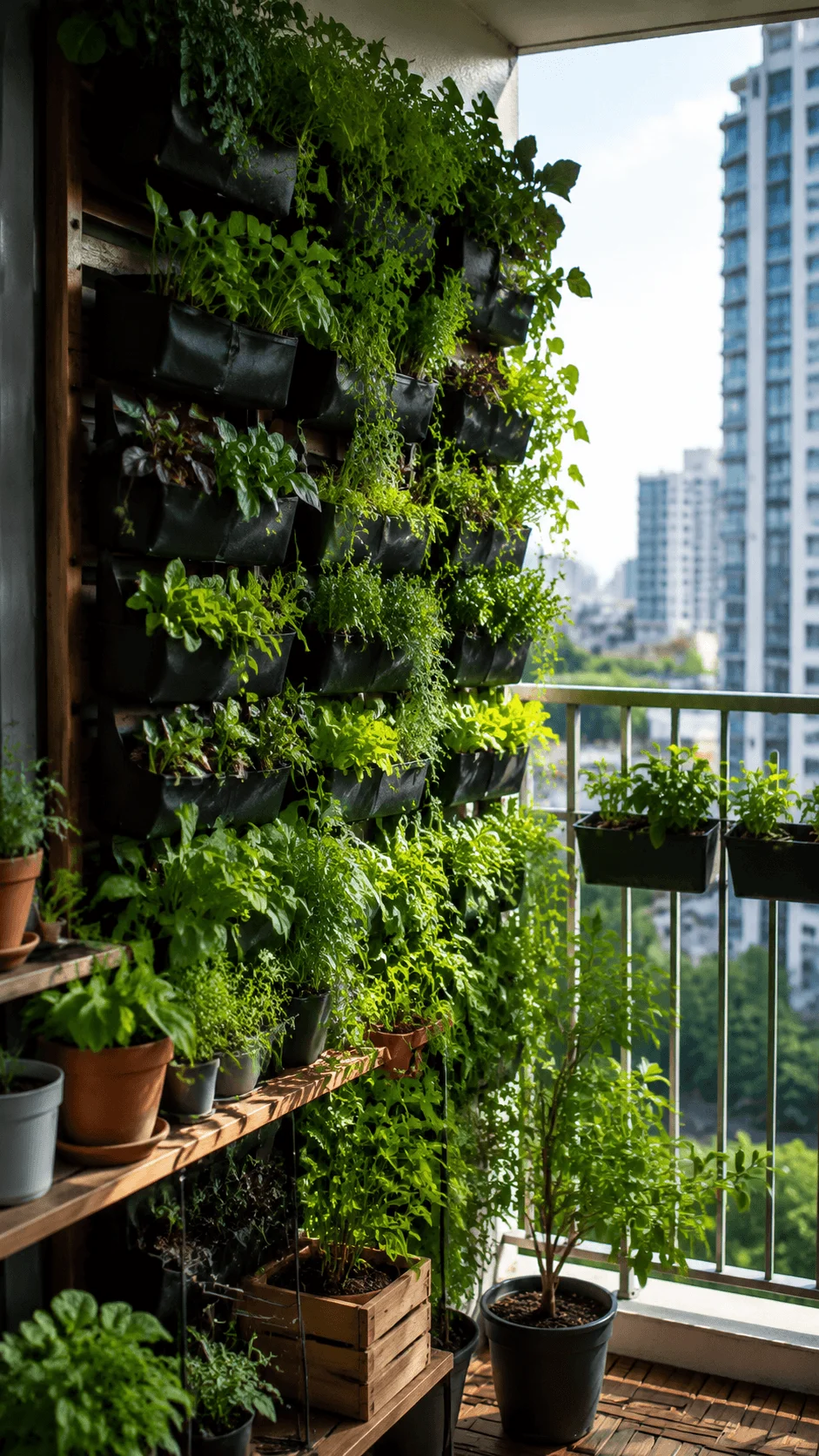 Vertical balcony garden with wall mounted planters potted herbs and leafy plants maximizing green space in a compact urban apartment setting