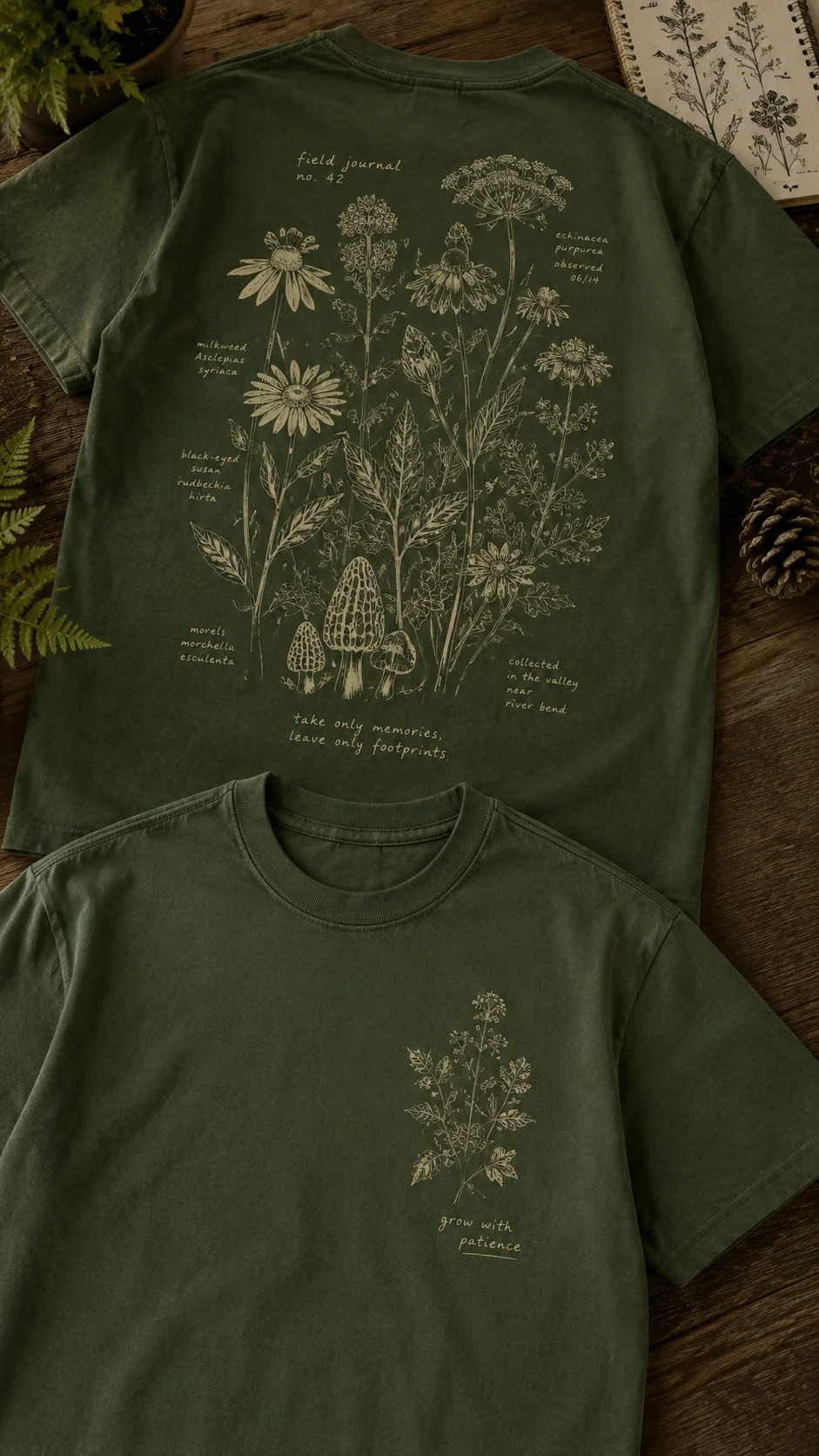 Hand drawn botanical green tshirt design template featuring vintage field journal inspired wildflowers mushrooms delicate botanical sketches with small front chest graphic and detailed back print mockup on forest green shirt