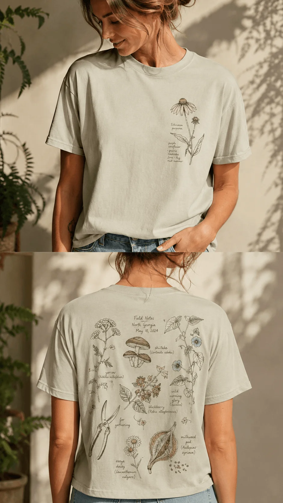 Hand drawn botanical T shirt artwork featuring illustrated wildflowers mushrooms herbs field notes and nature journal inspired back print