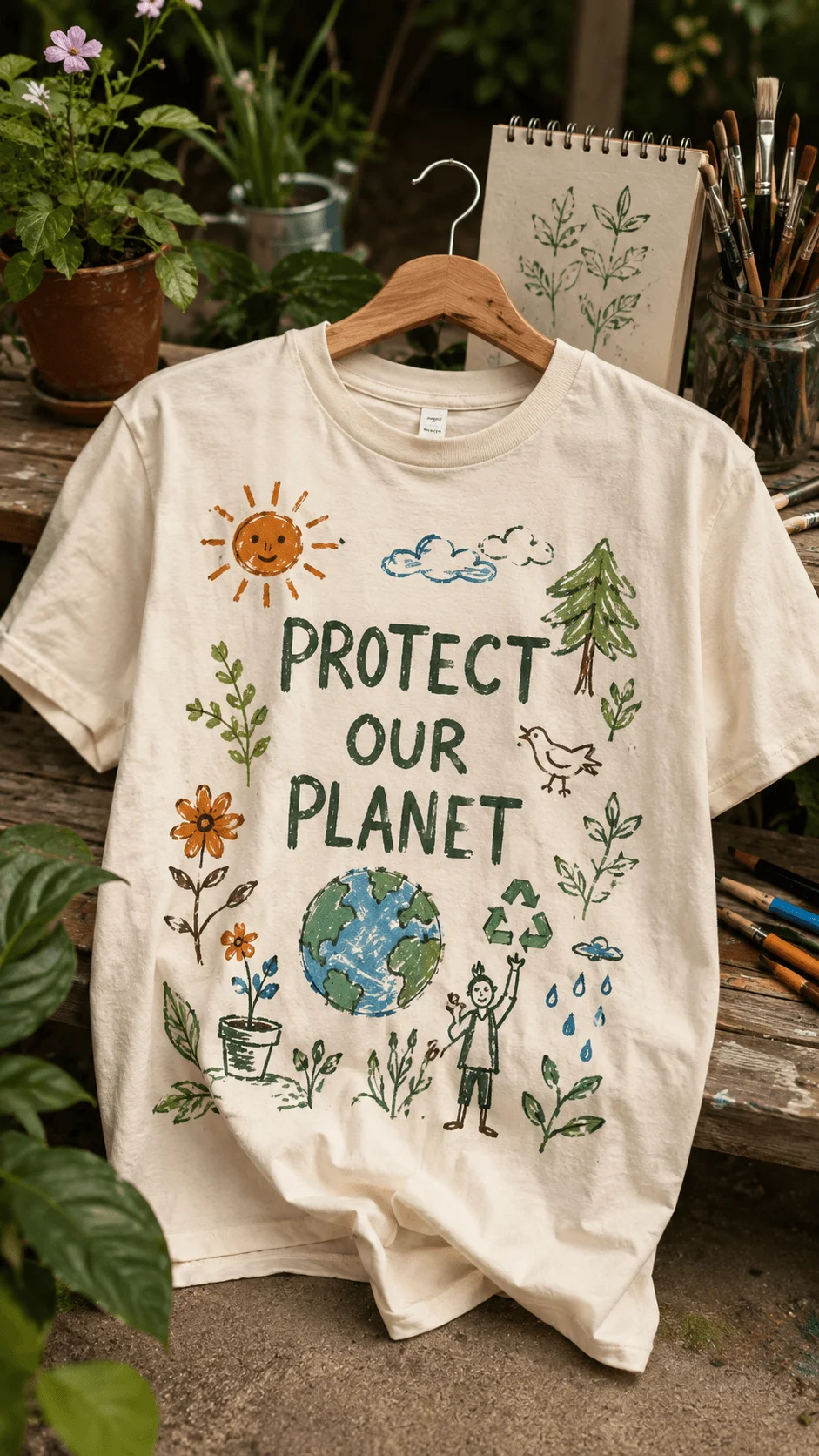 Hand drawn environmental T shirt with planet plants recycling symbols and protect our planet message
