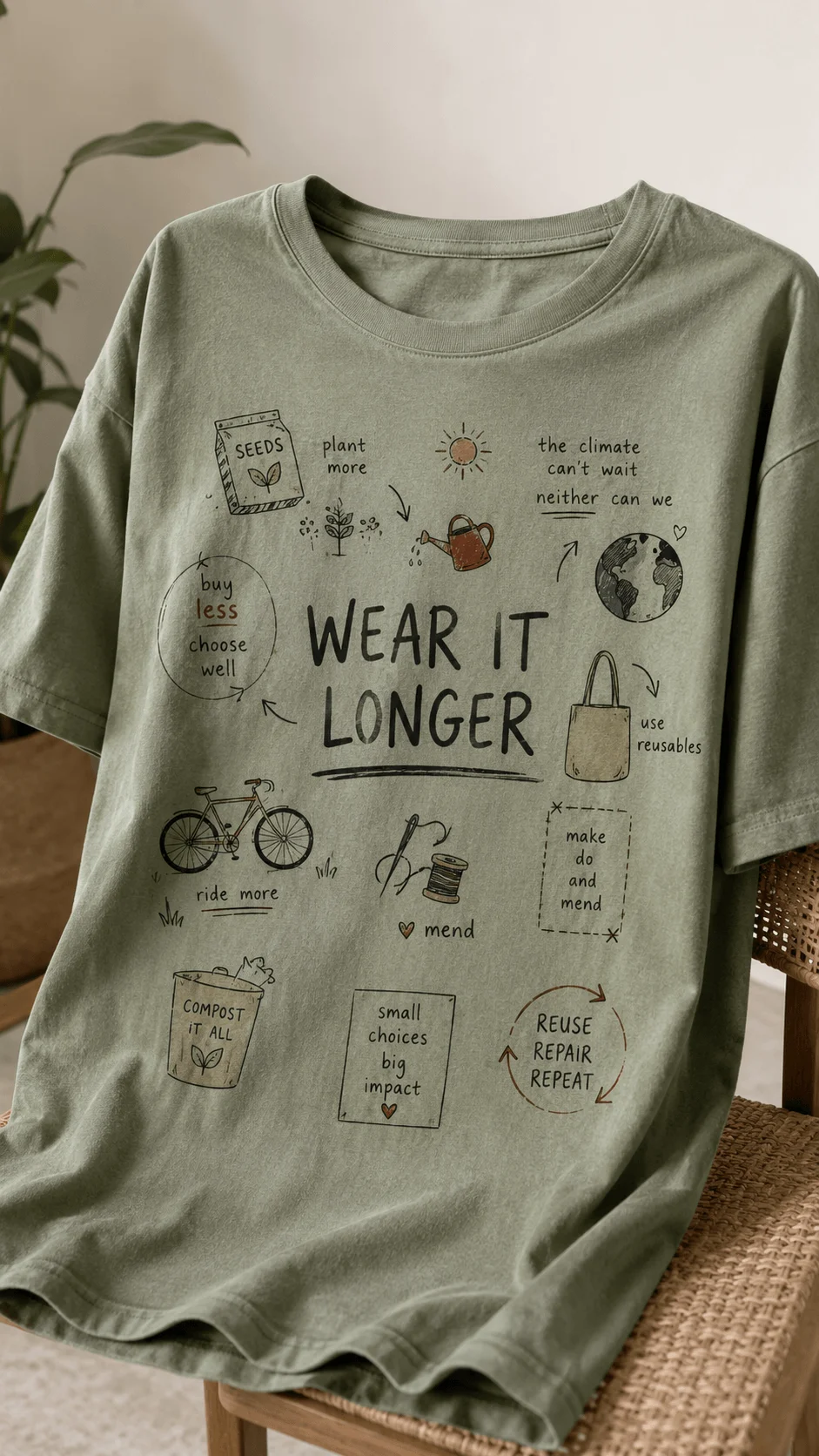 Hand drawn environmental T shirt design featuring sustainability doodles reusable items cycling gardening repair and waste reduction messages