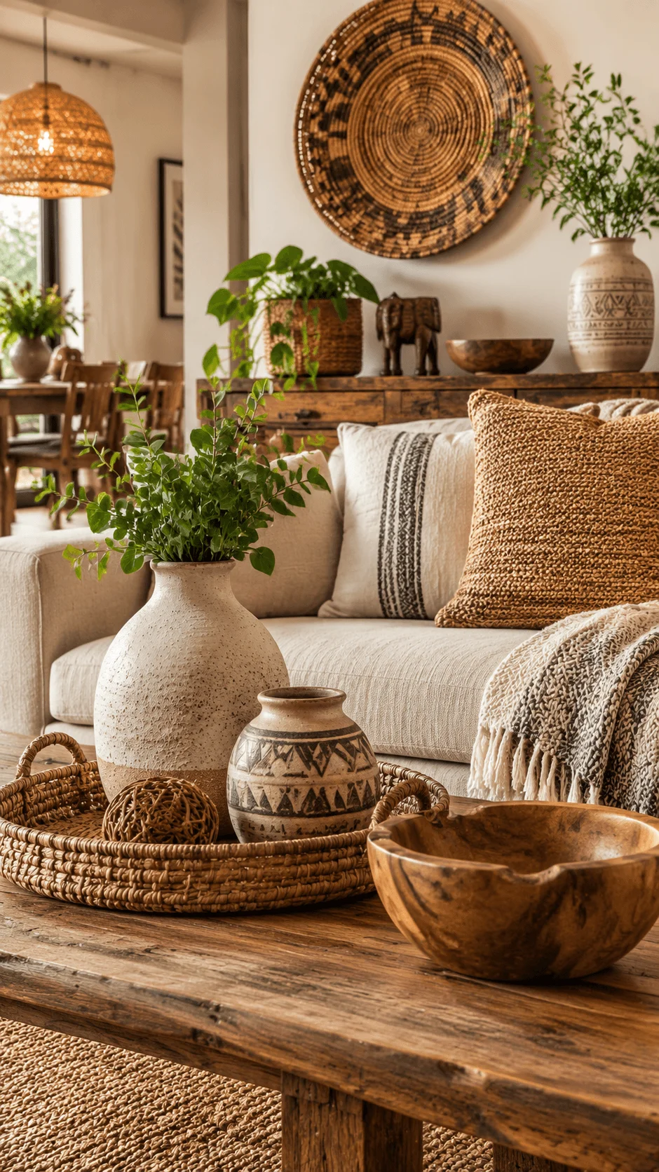 Handmade artisan decor featuring a sustainable living room with handcrafted pottery, woven baskets, natural wood furniture, organic textiles, indoor plants, and eco friendly home accessories