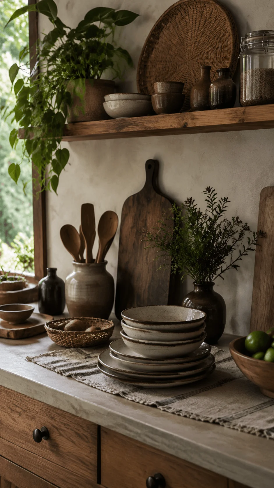 Handmade artisan kitchen design with ceramic plates, woven baskets, wooden utensils, natural textiles, handmade pottery, indoor plants, and rustic sustainable decor creating a warm authentic kitchen atmosphere