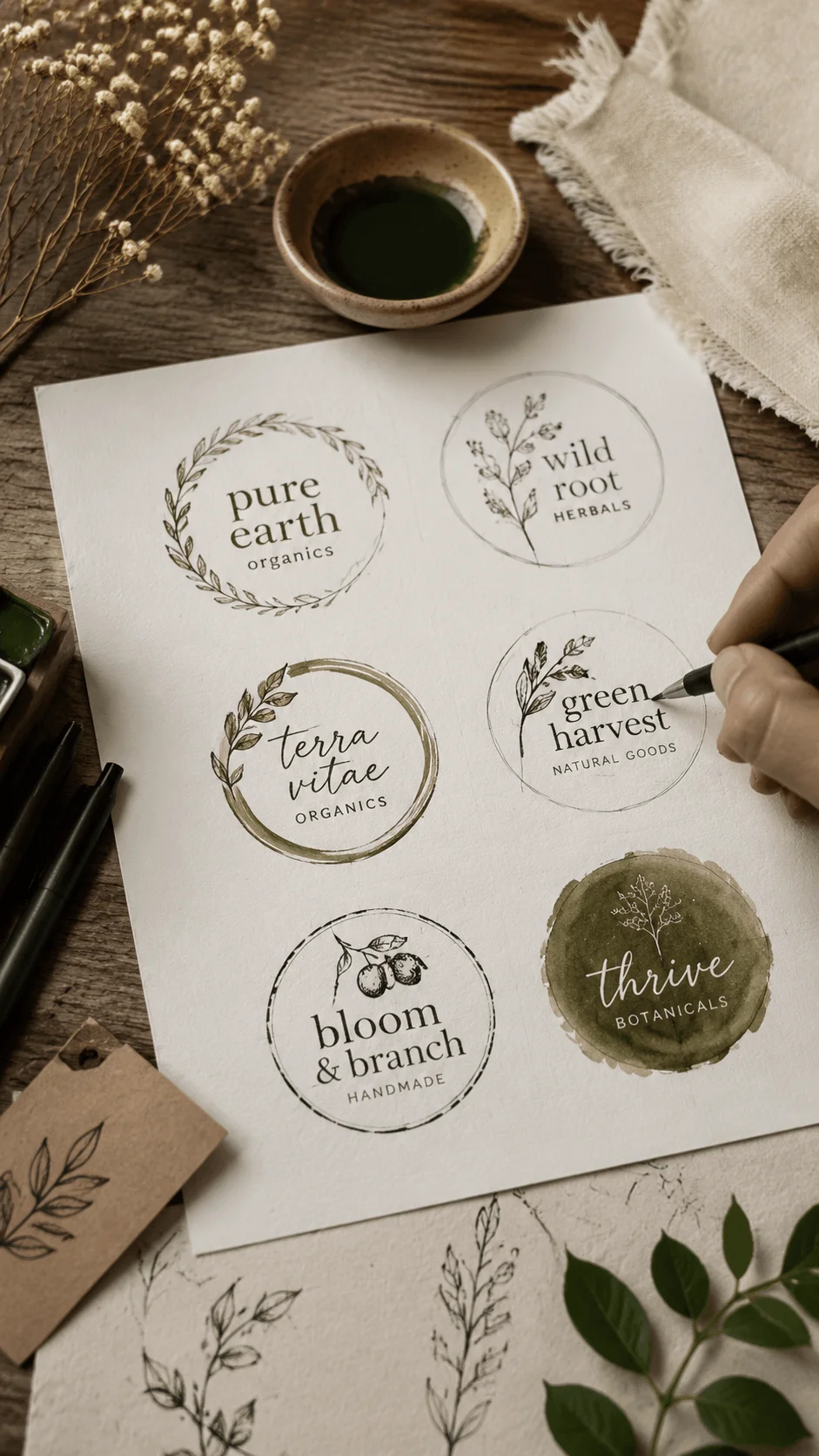Handmade organic logo design styles featuring botanical brand identities, hand drawn leaf illustrations, natural typography and eco friendly logo concepts on paper with a creative artisan workspace setting