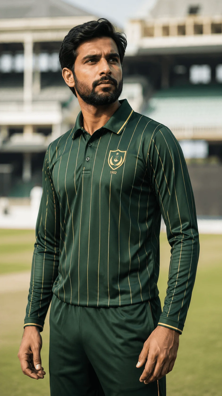 Heritage dark green full sleeve cricket jersey with elegant gold pinstripes worn by a player in a stadium