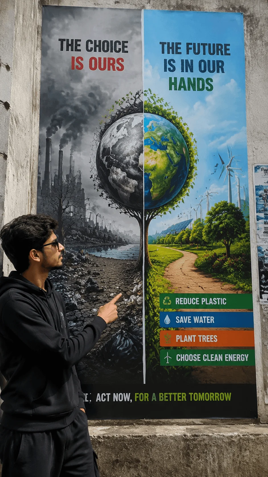High contrast eco awareness poster showing a split future with pollution and industrial damage on one side and a green sustainable world with renewable energy trees and clean environment on the other side