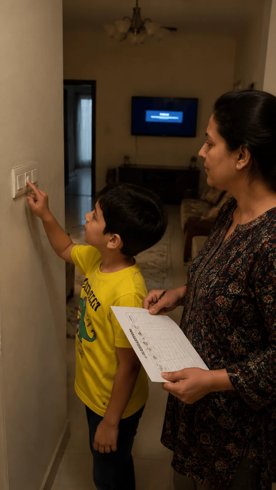 Child participating in a home energy detective activity by checking lights with an adult and learning about electricity conservation and sustainable habits
