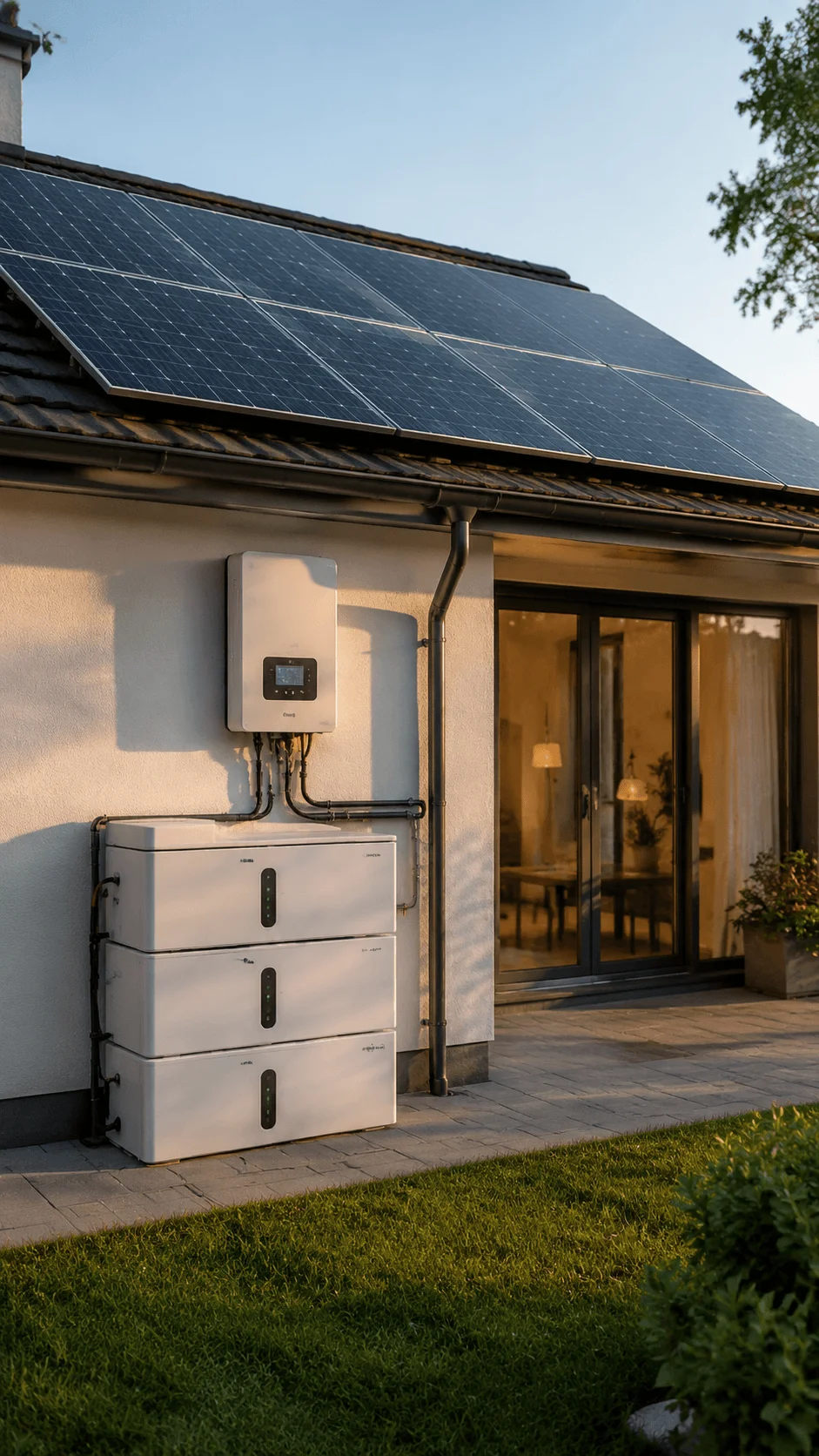 Home solar battery storage system with rooftop solar panels and energy backup batteries for independent renewable power supply at a modern house