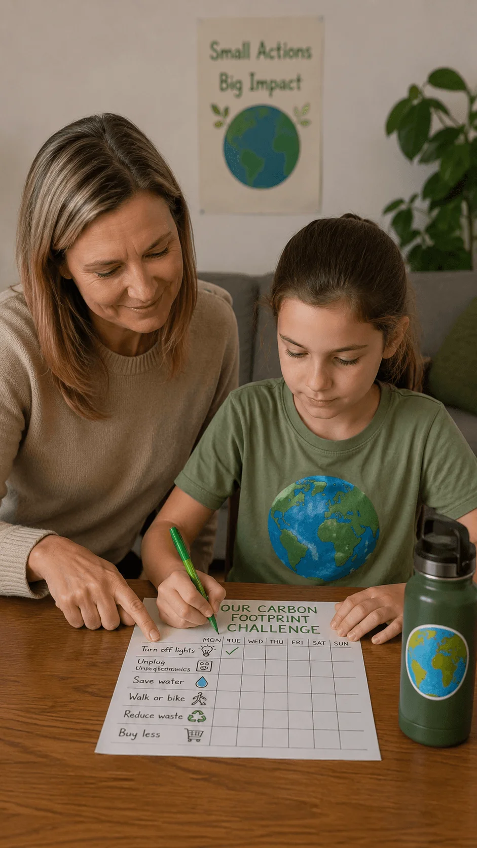 Child completing a household carbon footprint challenge chart with adult guidance to track sustainable daily habits