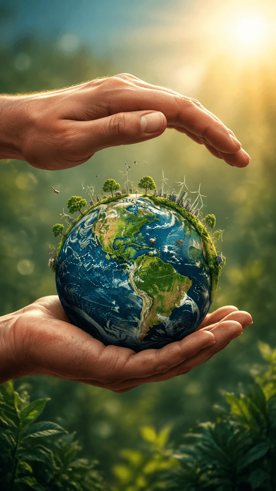 Human hand protecting Earth poster showing hands holding a green planet with trees, renewable energy, wind turbines, and sustainable environmental elements