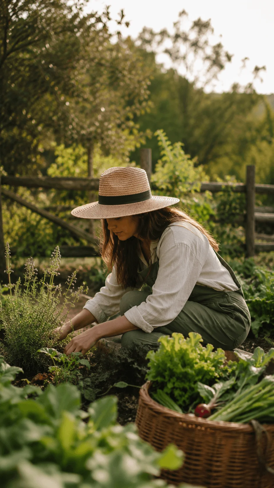 Human and nature connection photography featuring a person gardening in a green outdoor space with fresh plants, woven basket, natural clothing, and soft sunlight creating a sustainable lifestyle atmosphere