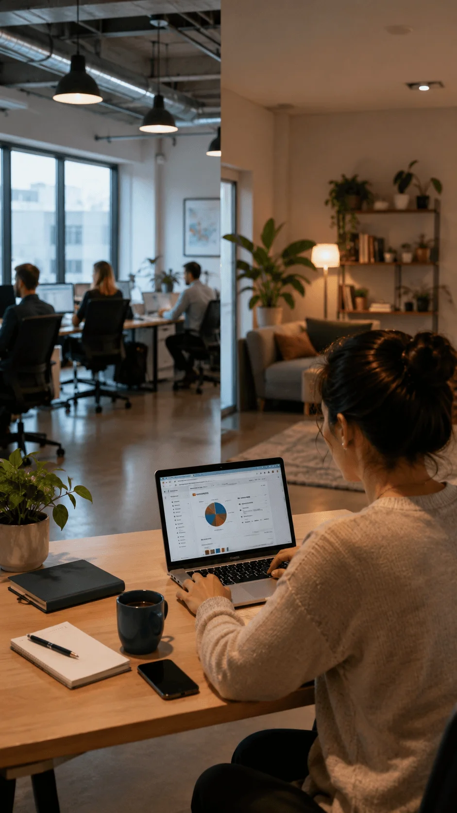 Hybrid work carbon mapping challenge showing employees analyzing remote and office work patterns with digital data, sustainability tracking, and workplace energy impact assessment