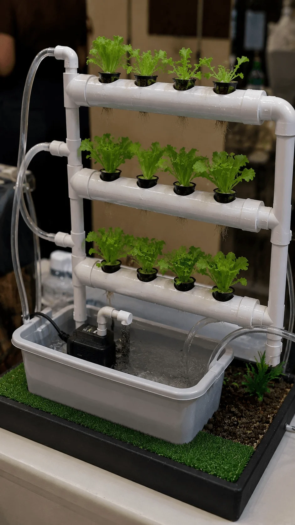 Hydroponic farming model showing a soil free vertical growing system with PVC pipes green lettuce plants water reservoir and nutrient circulation pump for sustainable agriculture