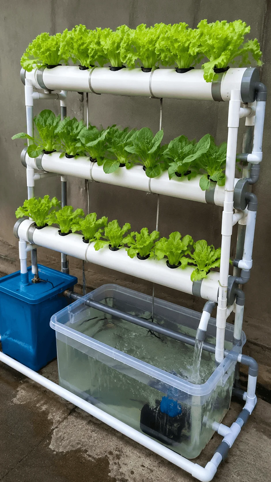 Hydroponic farming system model showing leafy green plants growing without soil with nutrient water pipes, vertical growing channels, water reservoir, and sustainable agriculture technology