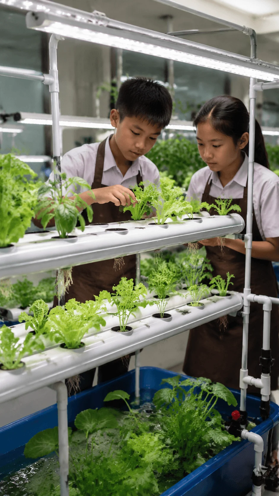 Students exploring a hydroponic sustainable food production project with plants growing in nutrient rich water systems, LED lighting, and modern indoor farming technology