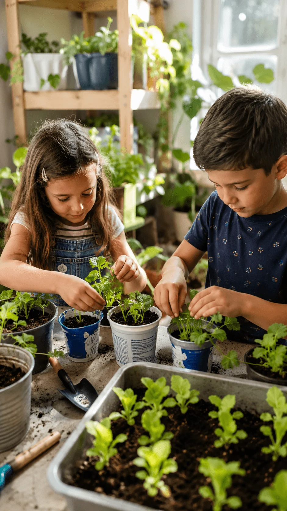 Children planting herbs and vegetables in an indoor food garden using small pots for sustainable living education