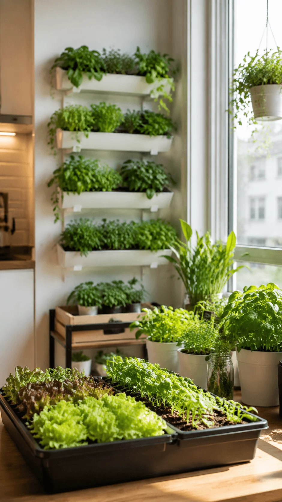 Indoor food garden with vertical herb planters and small space growing systems featuring fresh vegetables plants and sustainable home gardening setup near a window