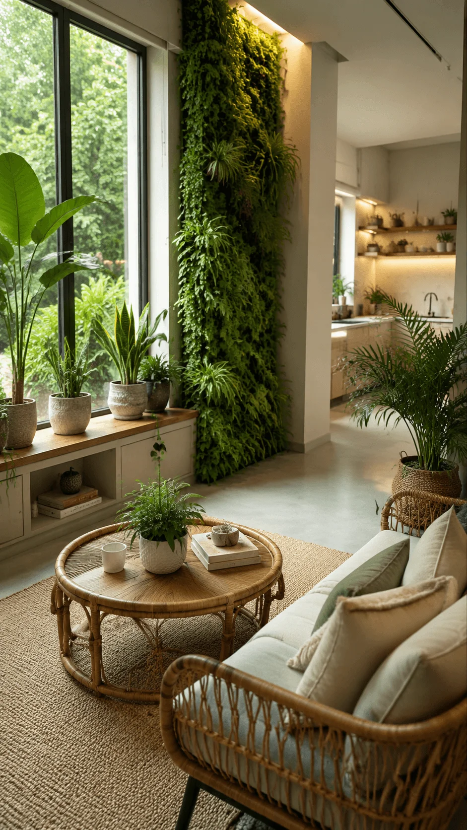 Indoor green spaces and wellness focused sustainable home with lush vertical plants, natural textures, bamboo furniture, cozy seating, large windows, and a peaceful eco friendly interior connected with nature