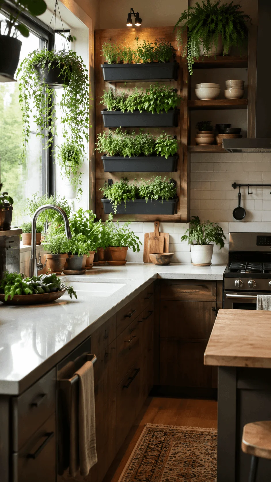 Indoor kitchen garden with vertical herb planters, hanging plants, fresh greenery, wooden cabinets, natural light, and sustainable design elements creating a fresh eco friendly cooking space