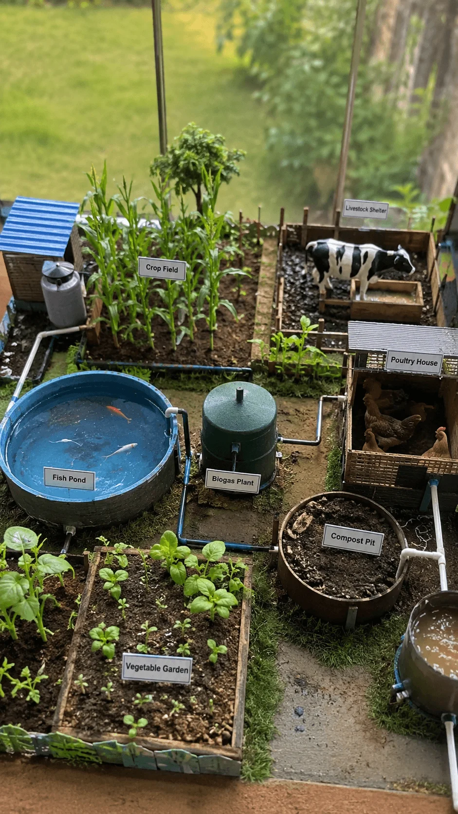 Integrated farming system model showing a sustainable farm with crop fields livestock shelter poultry house fish pond biogas plant compost pit and vegetable garden working together as an interconnected ecosystem