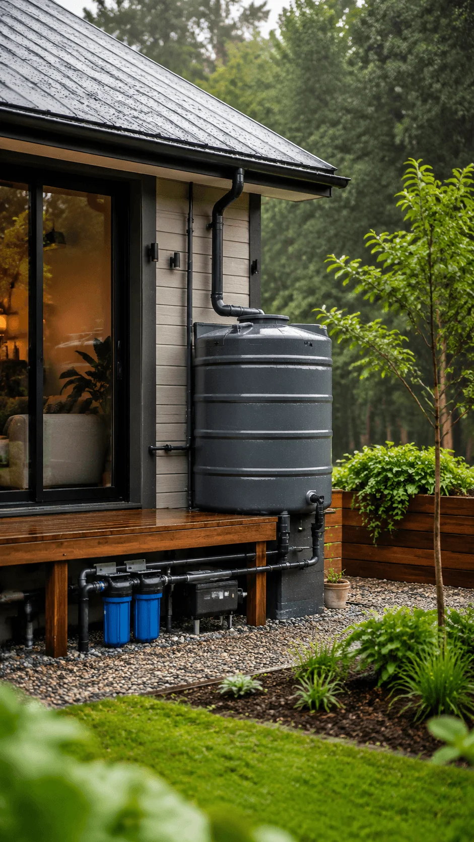 Integrated rainwater harvesting system in a sustainable mini house featuring water collection tanks filtration pipes and eco friendly garden irrigation design