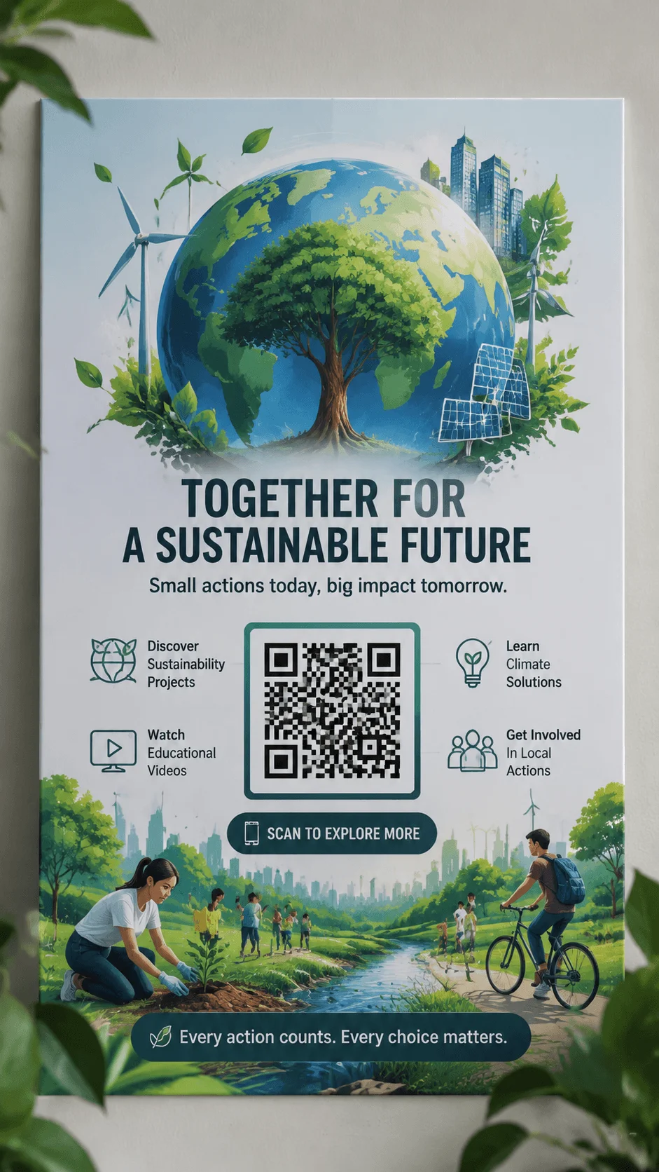 Interactive QR code sustainability poster showing Earth, renewable energy, tree planting, green landscapes, community action, and a QR code connecting people with environmental projects and climate solutions