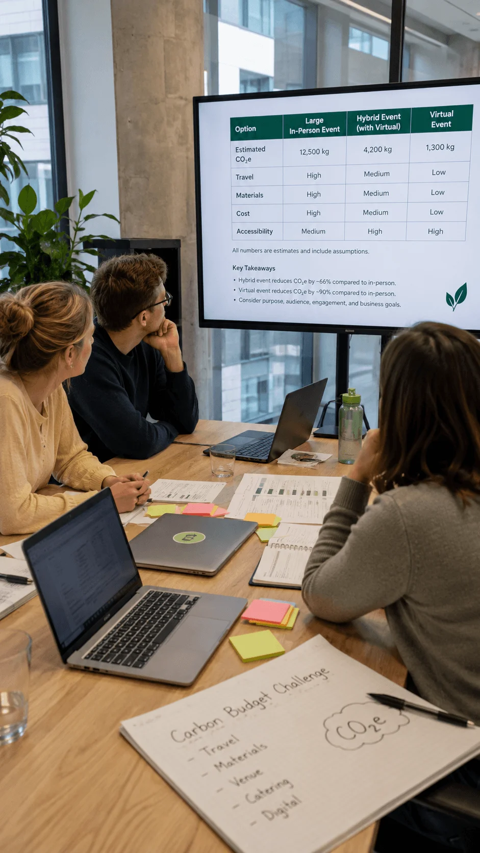 Employees analyzing an internal carbon budget challenge with sustainability data, comparing event options, carbon emissions, travel impact, and resource use in a workplace meeting