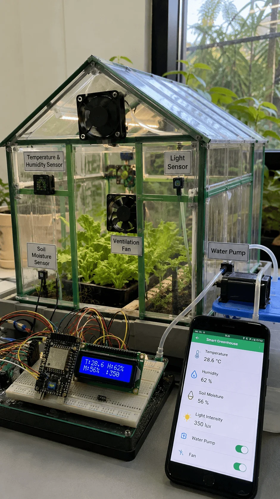 IoT smart greenhouse project showing an automated greenhouse system with temperature humidity and soil moisture sensors ventilation fan water pump smart monitoring display and mobile app control for precision agriculture