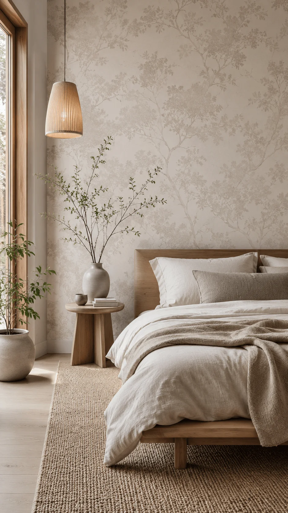 Japandi eco wallpaper featuring a minimalist bedroom with soft neutral tones natural wood furniture subtle botanical patterns and peaceful sustainable interior design elements