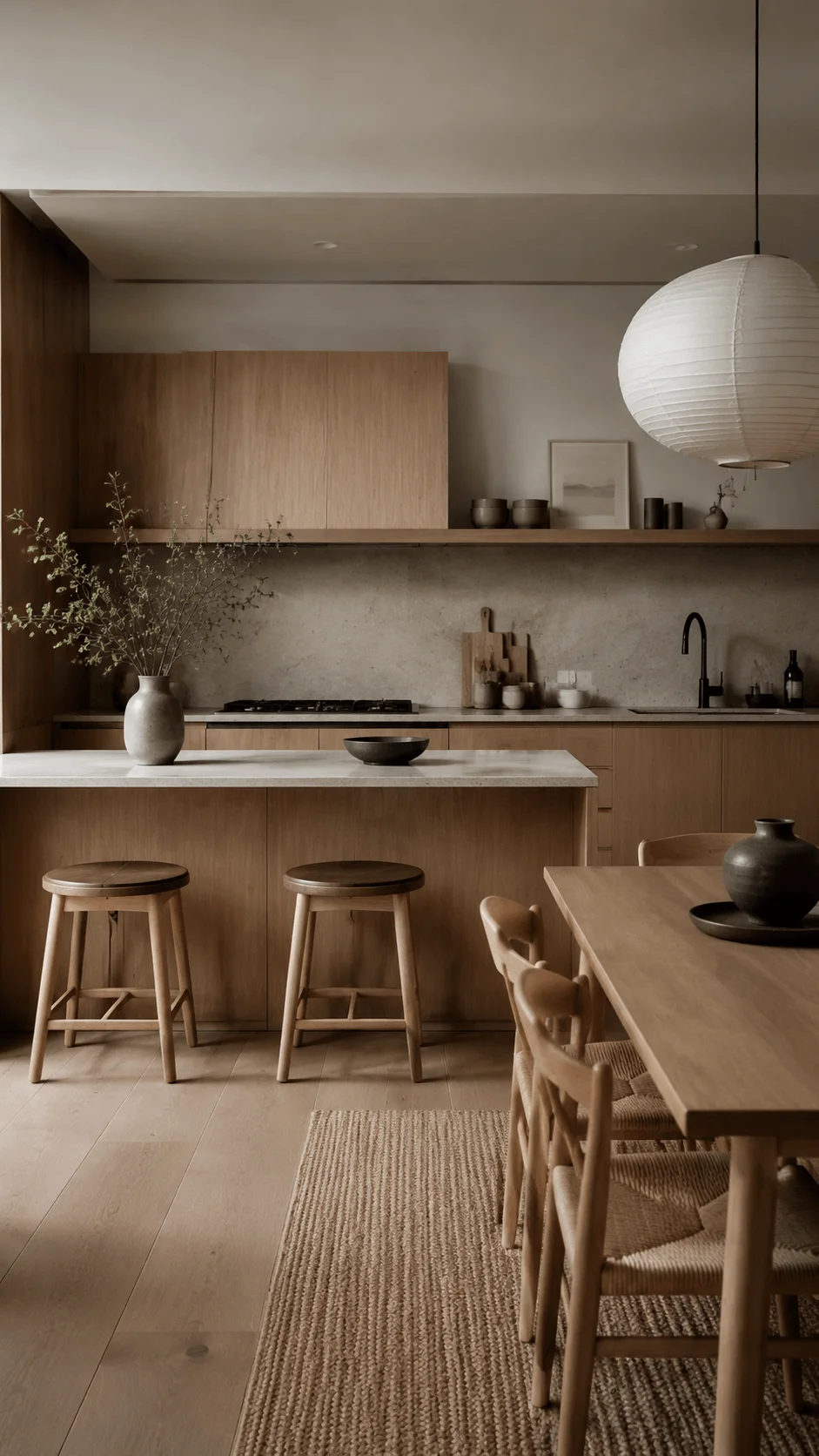 Japandi sustainable kitchen with minimalist wooden cabinets, neutral tones, natural textures, simple furniture, ceramic decor, woven rug, and warm lighting creating a calm eco friendly living space