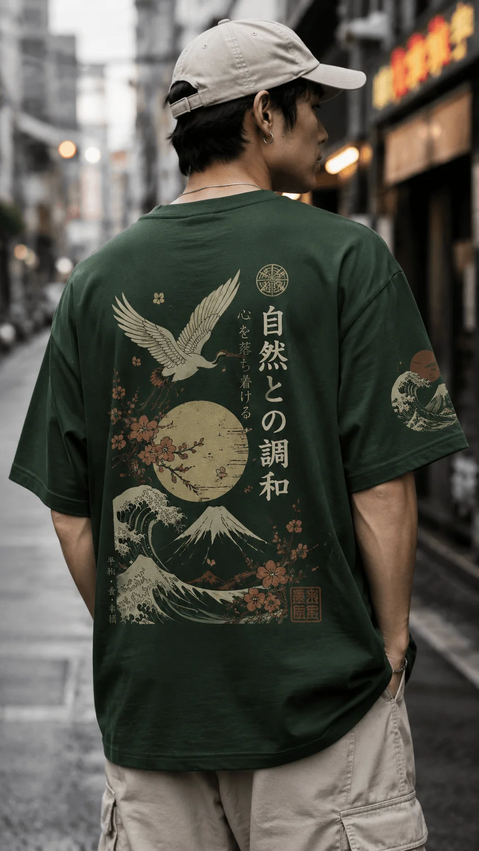 Man wearing a Japanese inspired dark green streetwear T shirt with crane waves mountain flowers and vertical lettering