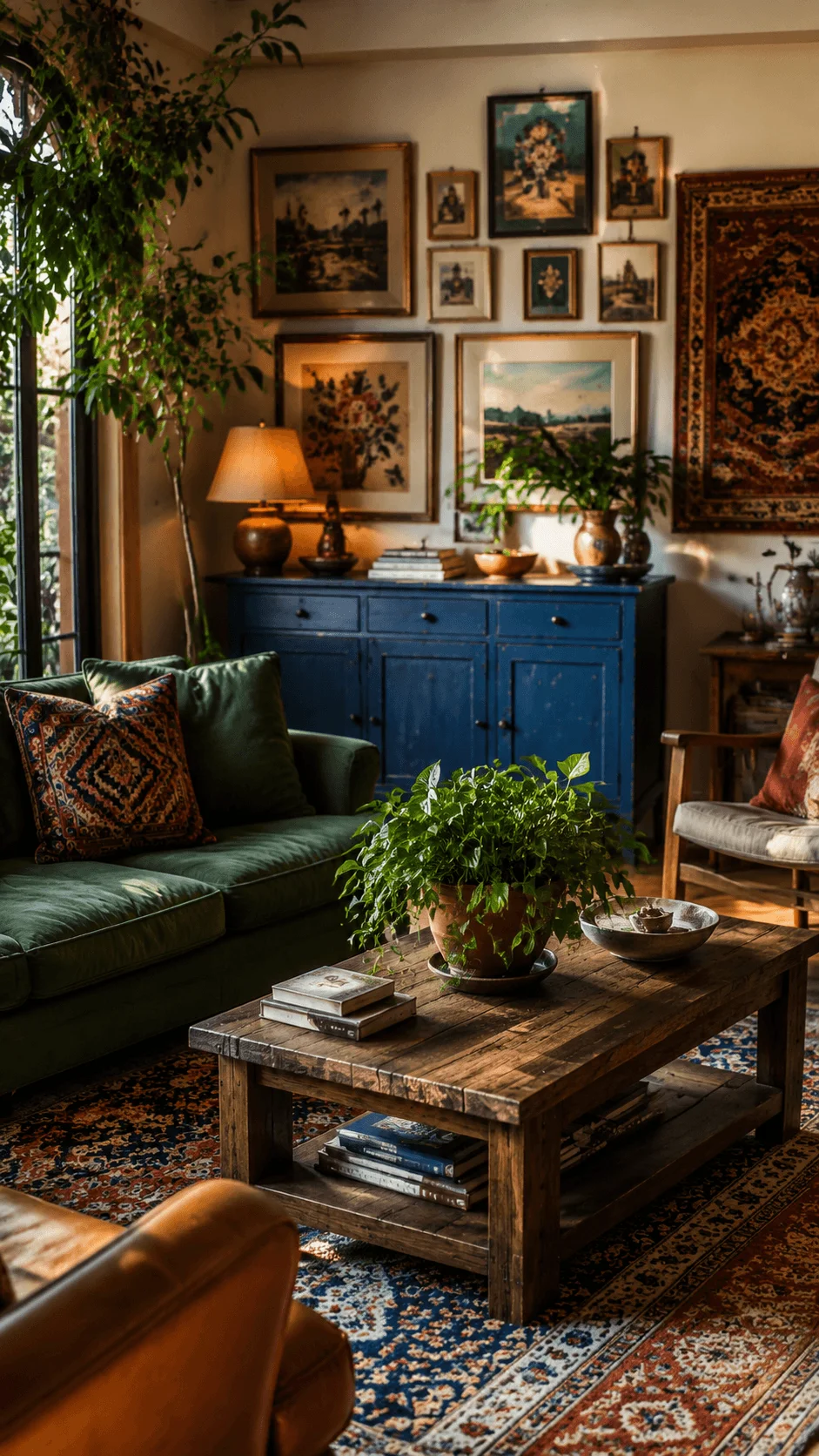 Joyful sustainable interiors featuring a colorful living room with vintage artwork, restored furniture, indoor plants, handcrafted decor, rich earthy tones, and meaningful eco friendly design elements