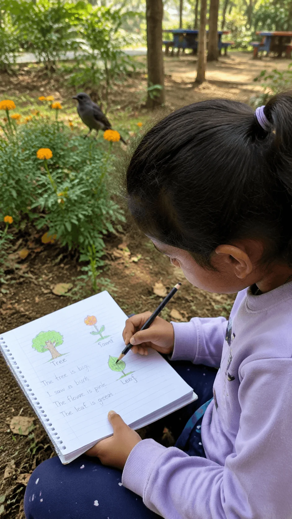 Child observing nature and drawing plants in a journal during an outdoor kindergarten nature detective activity