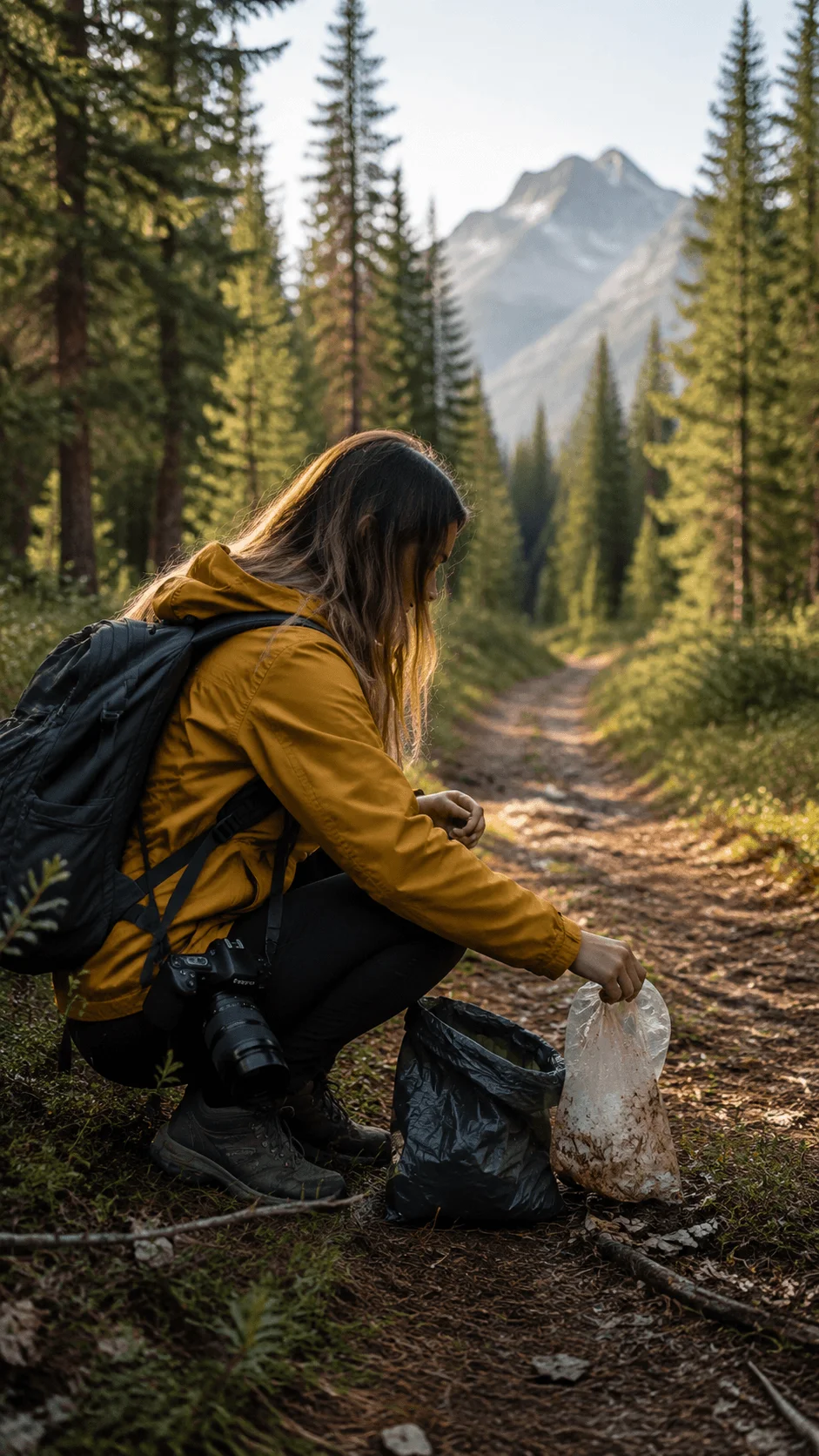 Leave No Trace photography showing a photographer collecting waste during an outdoor session in a forest with mountains in the background and promoting environmental responsibility