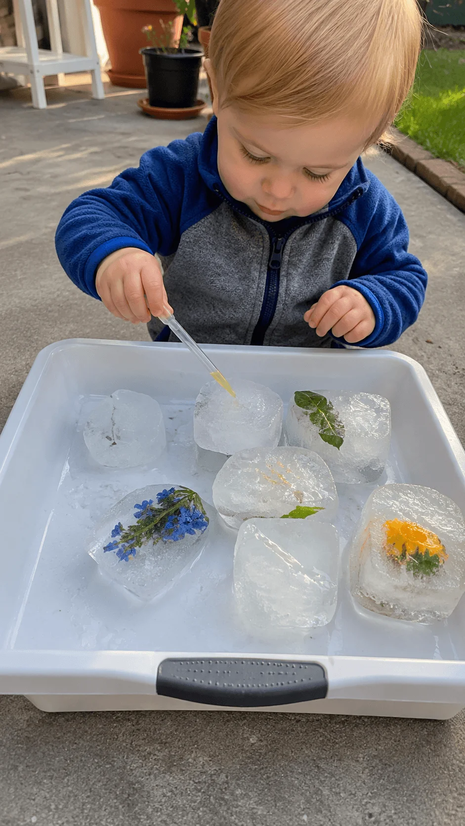 Toddler using a dropper to melt large ice blocks containing flowers and leaves outdoors