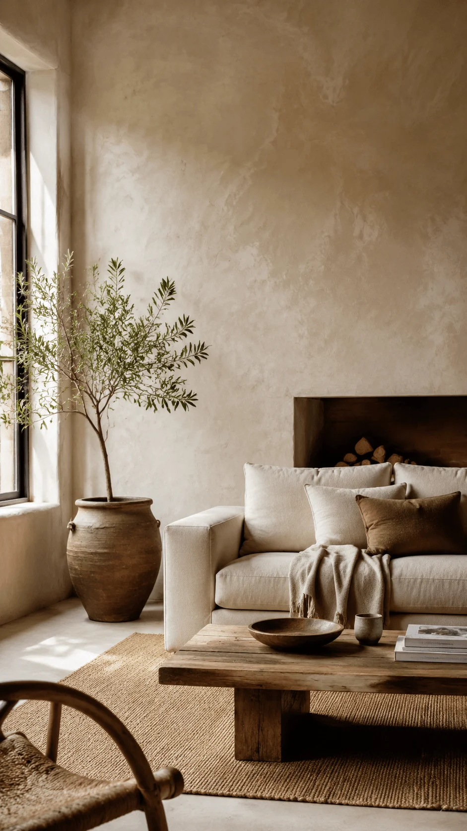 Limewash and clay plaster walls in a sustainable interior with natural textures, earthy tones, wooden furniture, cozy seating, and organic minimalist home decor