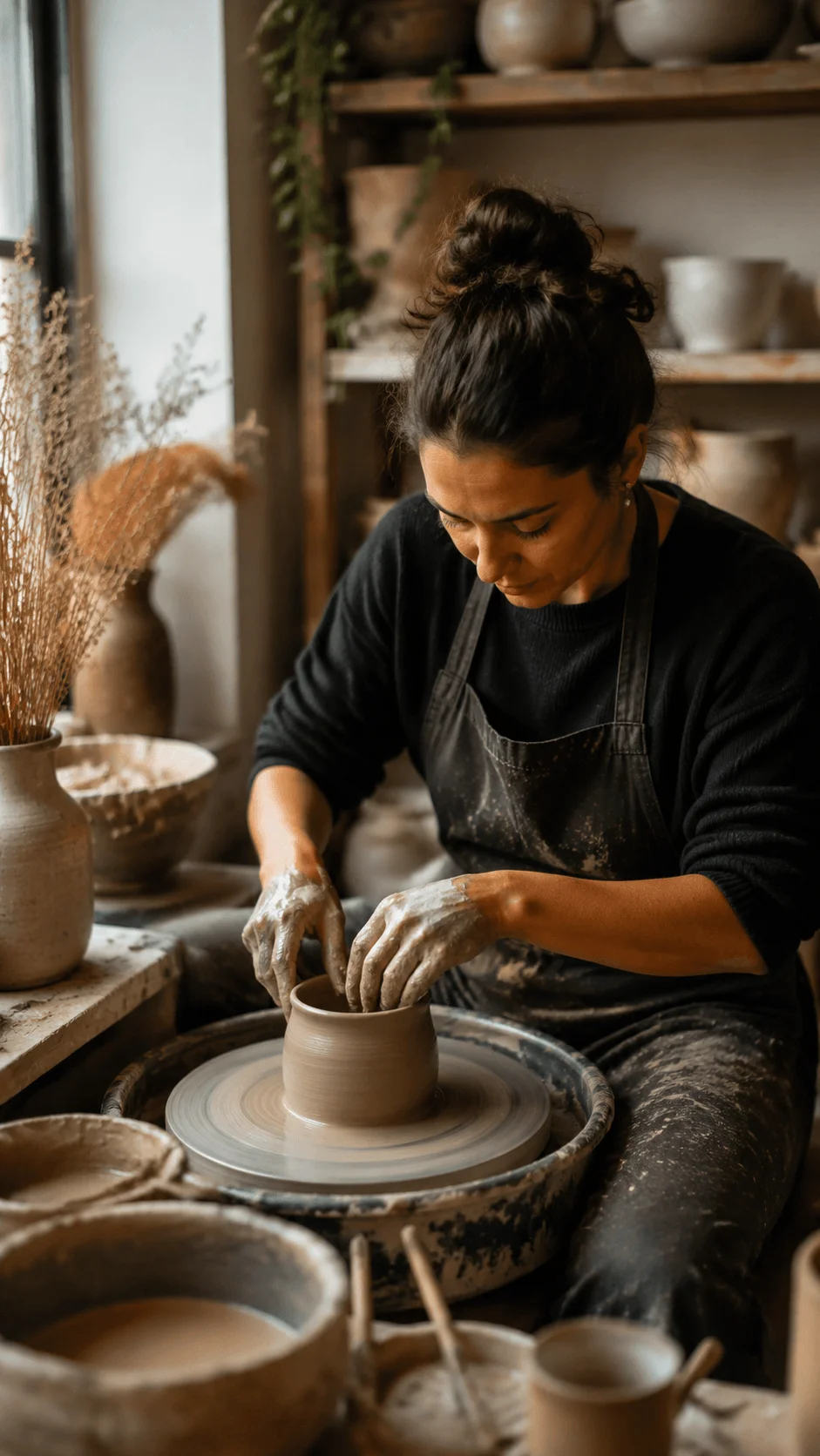 Local artisan photography featuring a craftsperson shaping handmade pottery with clay, natural studio lighting, ceramic tools, rustic shelves, and authentic handmade materials creating a sustainable craftsmanship atmosphere