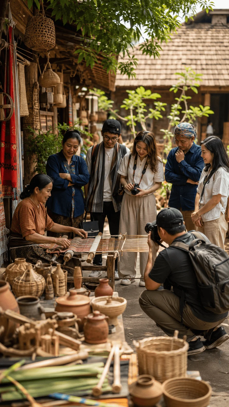 Local culture and sustainability storytelling event with photographers documenting traditional crafts, handmade materials, local artisans, and eco friendly community practices in a natural village setting