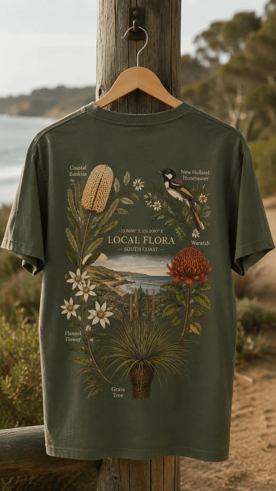 Local flora green tshirt artwork featuring native wildflowers coastal landscape bird and botanical illustrations with regional nature inspired back print on a forest green shirt mockup