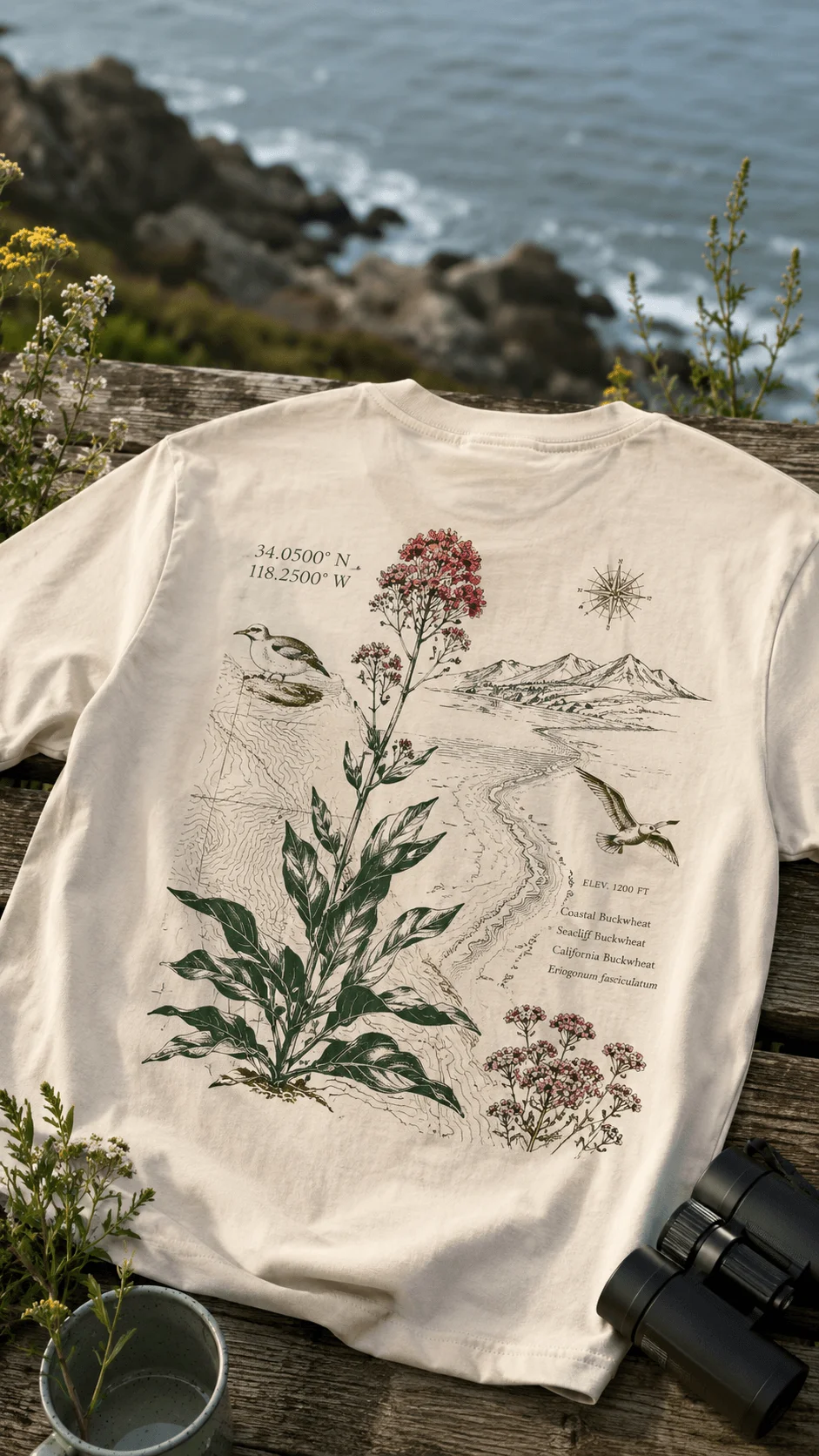 Local flora T shirt design featuring native coastal flowers birds mountains map details and regional coordinates