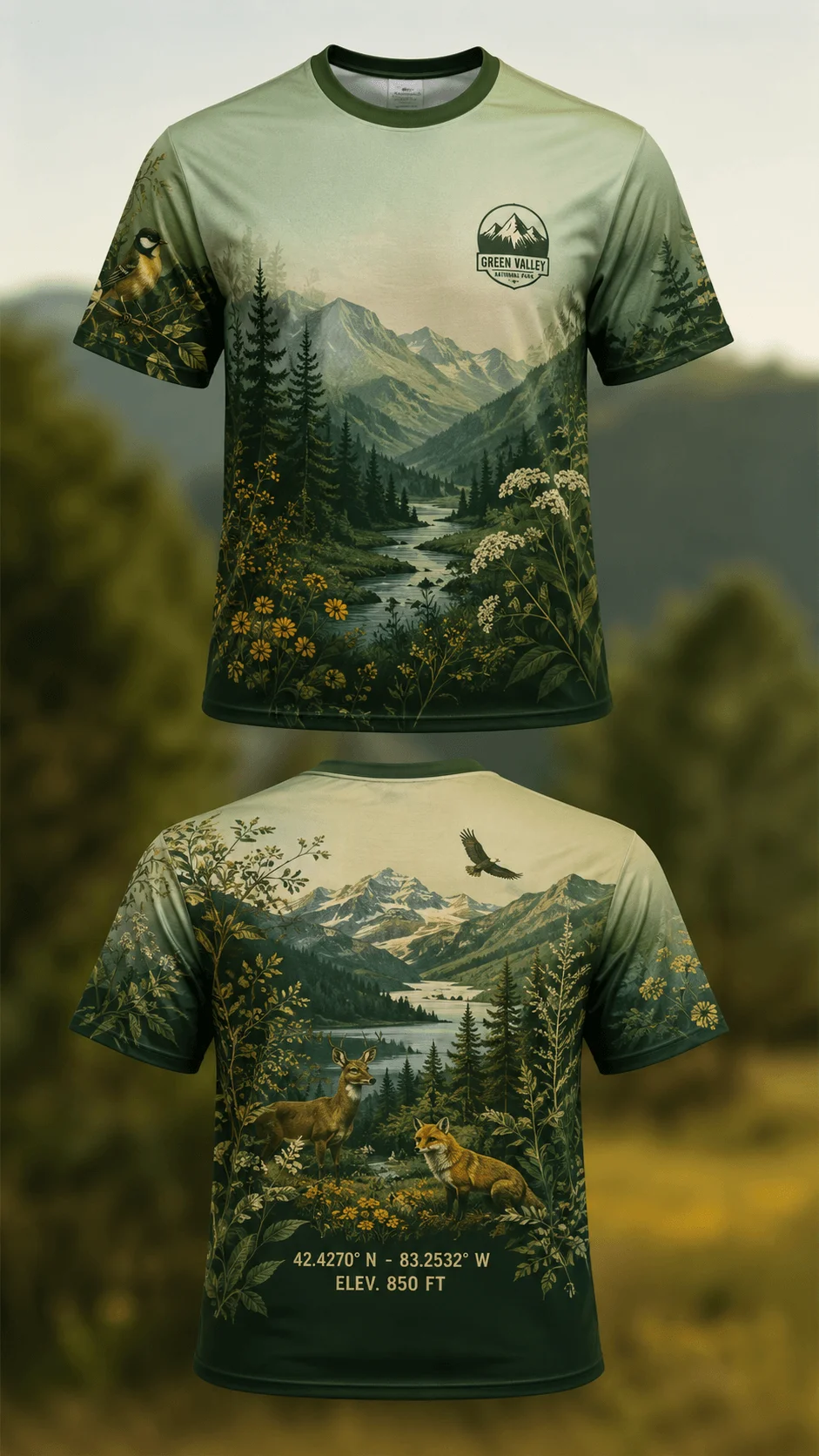 Local flora and wildlife green shirt design shown from the front and back with mountains river wildflowers deer fox birds and forest scenery