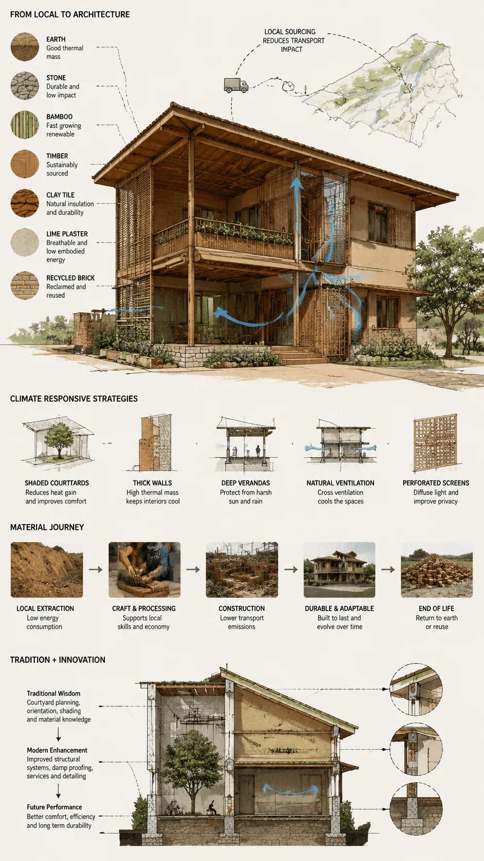 Local material based architecture diagram showing a sustainable building using earth, stone, bamboo, timber, clay tiles, lime plaster, and recycled brick with climate responsive strategies, natural ventilation, shaded courtyards, material journey, traditional wisdom, and modern sustainable construction methods