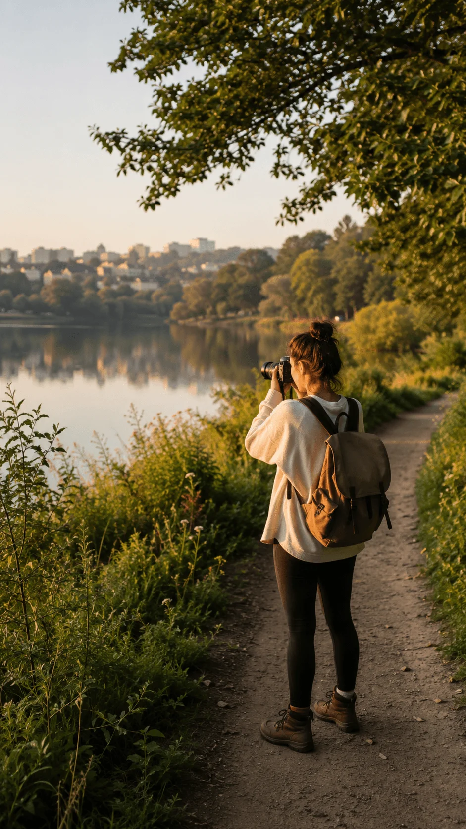Local photography locations with lower environmental impact featuring a photographer capturing nature near a lake and green landscape