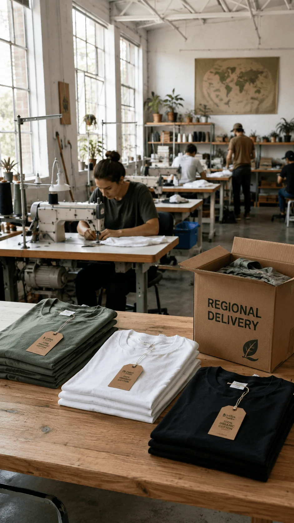 Local sustainable T shirt production workshop with garment makers organic cotton shirts and regional delivery packaging