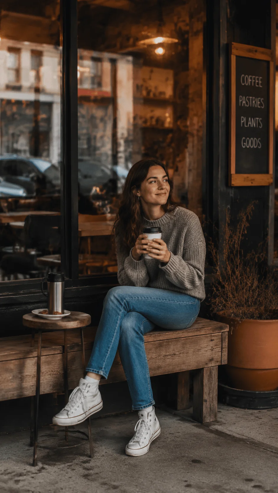 Local storytelling photography showing an authentic lifestyle portrait at a local coffee shop with a person enjoying a quiet moment in a community setting