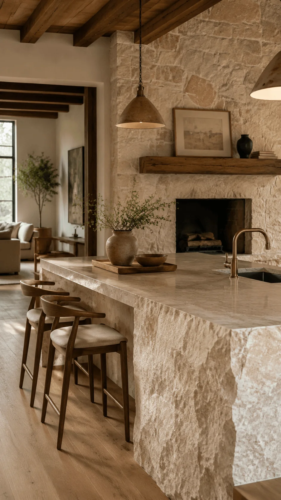 Locally sourced natural stone interior featuring a warm kitchen space with stone countertops, textured stone walls, wooden beams, natural materials, and sustainable rustic design elements